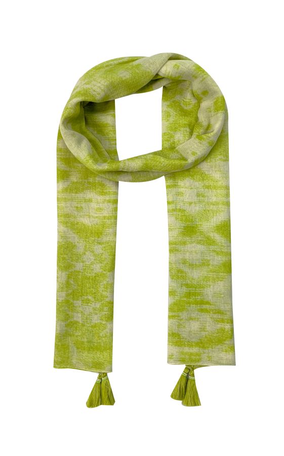 Fine Scarf with natural feeling in ethnoprint  in green and white colors and decorated with tassels 