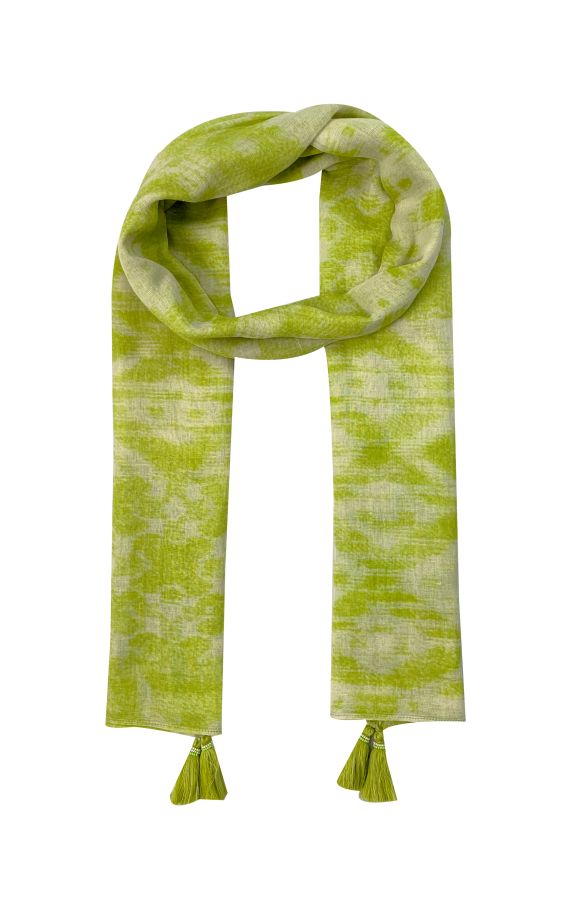 Fine Scarf with natural feeling in ethnoprint in green and white colors and decorated with tassels