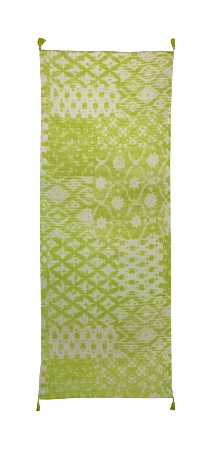 Fine Scarf with natural feeling in ethnoprint in green and white colors and decorated with tassels