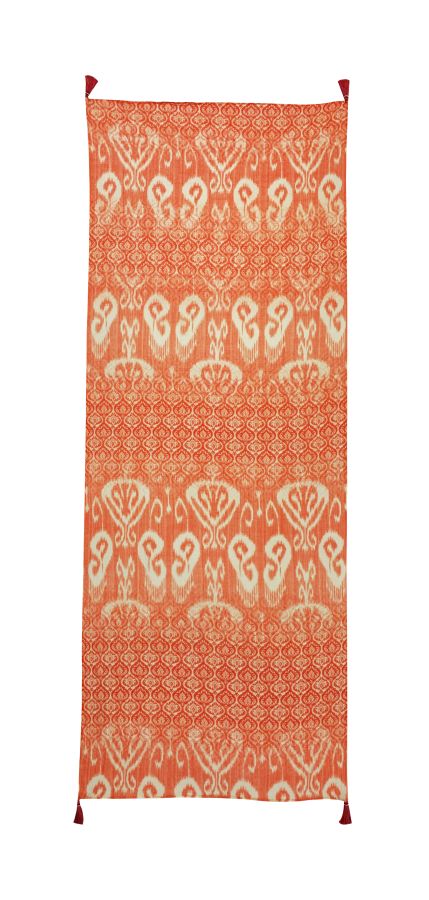 Fine Scarf with natural feeling in ikatprint  in orange and white colors and decorated with tassels