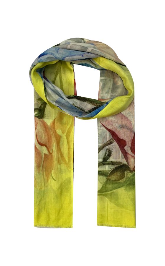 Fine scarf with colorful orchid and leaves print framed in yellow border.