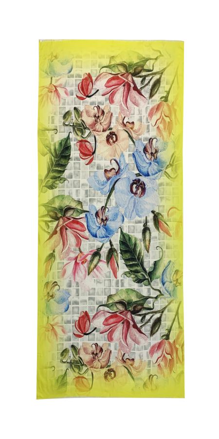 Fine scarf with colorful orchid and leaves print framed in yellow border.