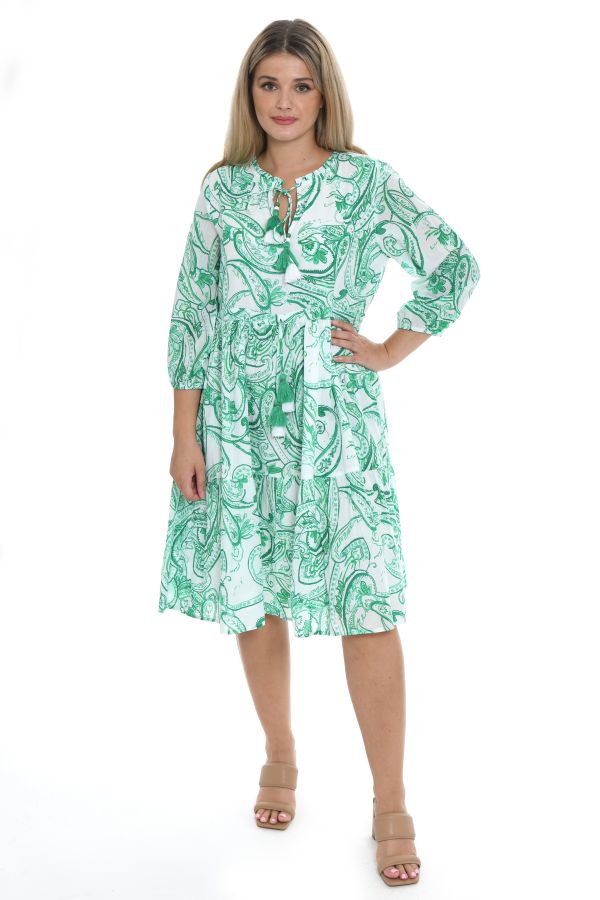 Dress with green white paisley print