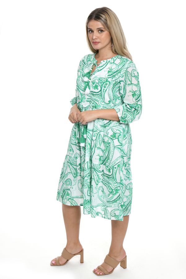 Dress with green white paisley print