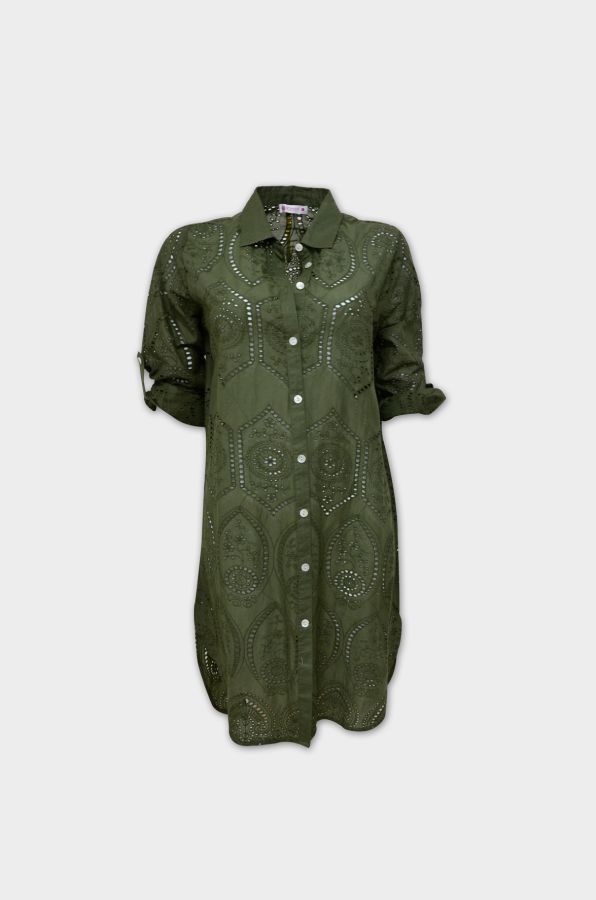 Shirtdress in hole embroidery fabric - Khaki