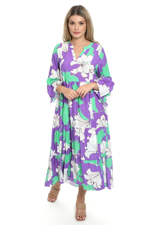 Long layered dress in lilac with flowers print