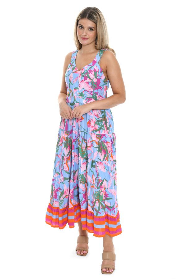 Long dress with straps and tropical print