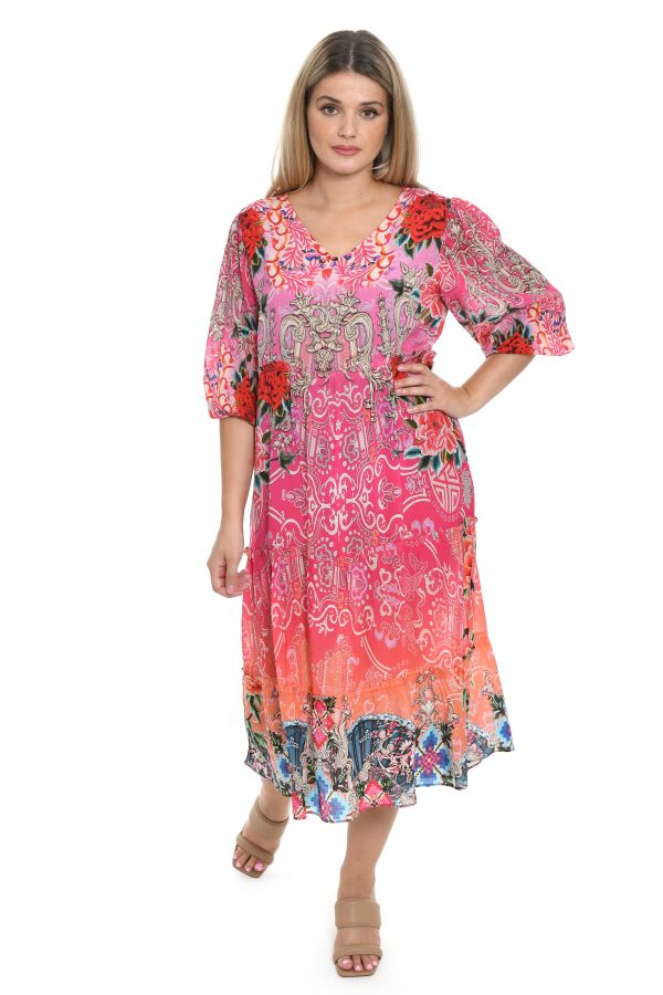 Long dress with ornamentprint in V-Neck